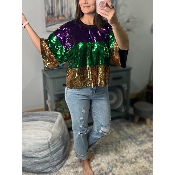 Mardi Gras Sequined Color Block Short Sleeves Cropped Purple Green Gold 0923 - Picture 6 of 8